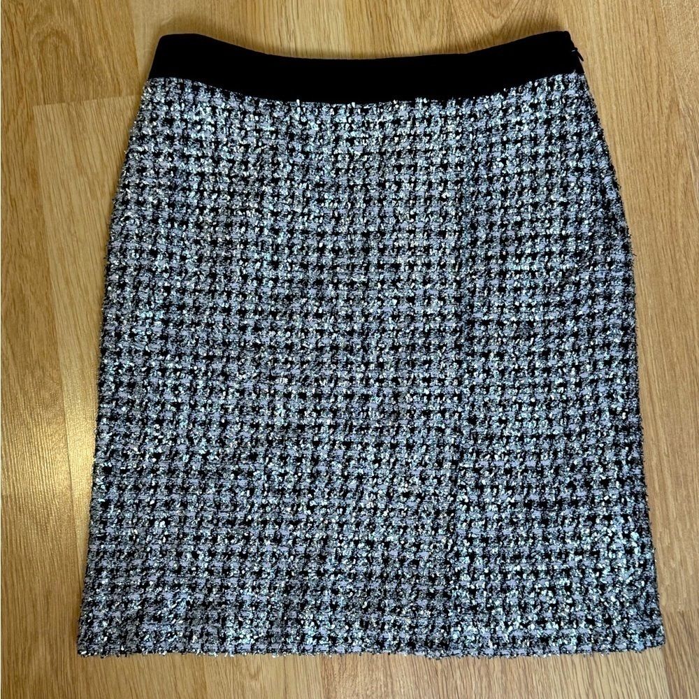 ST. JOHN $1195 Black Light Hyacinth Multi Silver Textured Wool Blend Skirt NWT